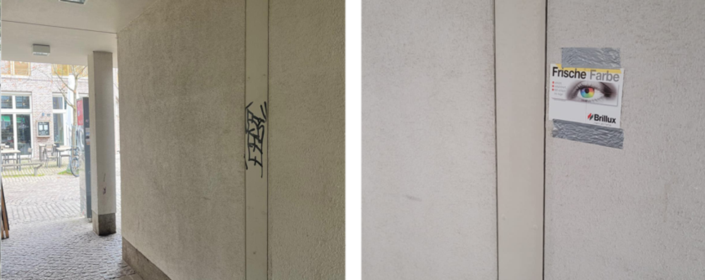 Aktion „einWANDfrei saubere City“ – Vorher/Nachher Burgstraße 6-10. Foto: Projekt „einWANDfrei“/Stadt Oldenburg