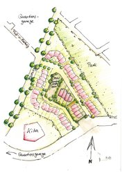 Leitplan: So könnte das Quartier ModellFlieger aussehen: Drei Reihen an Stadthäusern umgeben von Park und Kita und viel Grün. Zeichnung: Stadt Oldenburg