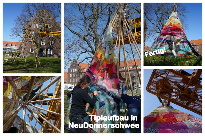 Collage vom Tipiaufbau in NeuDonnerschwee. Foto: Stadt Oldenburg