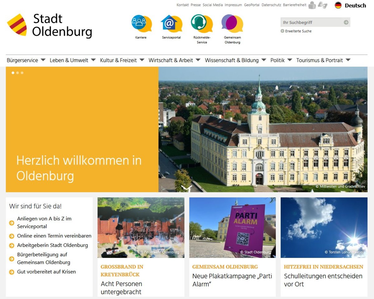 Screenshot der Startseite von der Website der Stadt Oldenburg bis Sommer 2026. Screenshot: Stadt Oldenburg