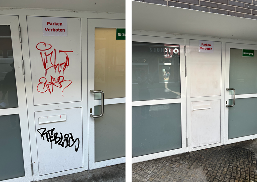 Aktion „einWANDfrei saubere City“ – Vorher/Nachher Ritterstraße 17. Fotos: Projekt „einWANDfrei“/Stadt Oldenburg