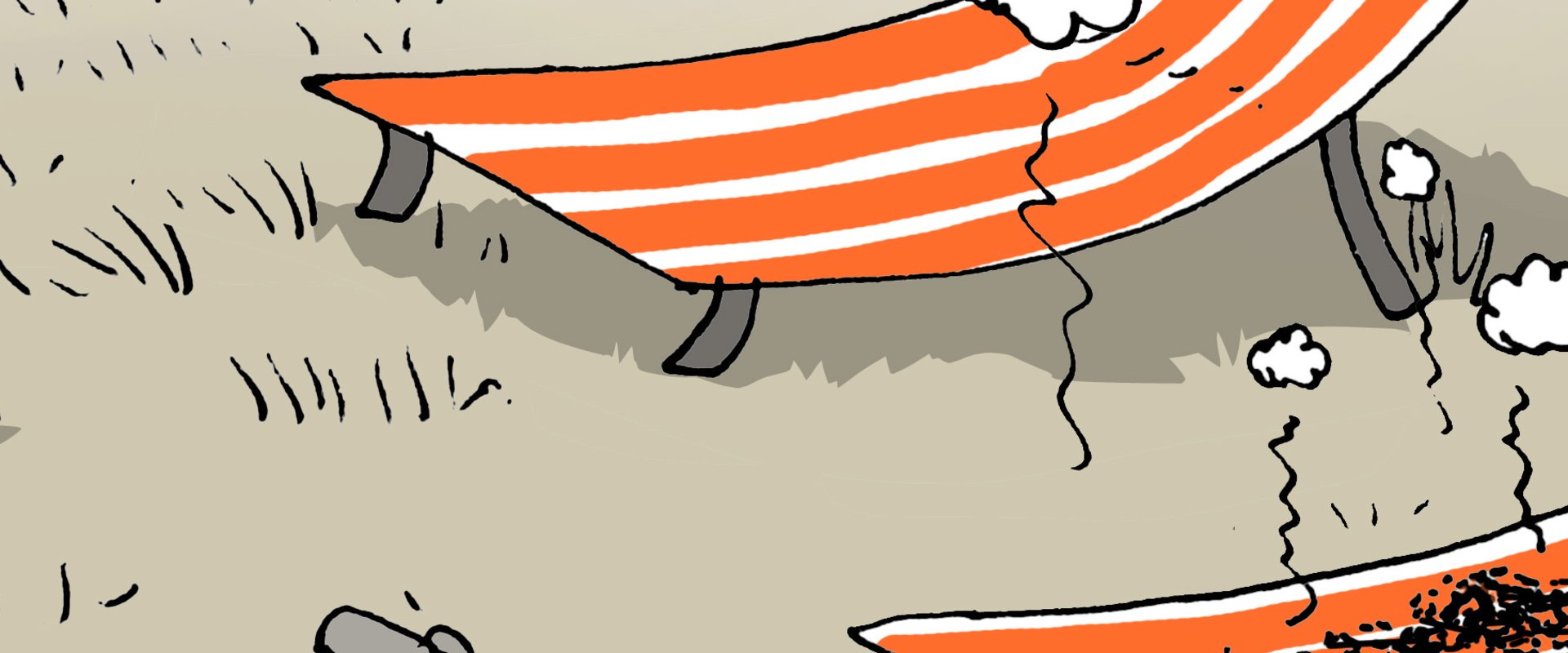 Mann schmiert sich mit Sonnencreme ein. Neben ihm zwei Liegen, wo auf einer gerade eine Person „verdampft“ zu sein scheint. Illustration: Hannes Mercker