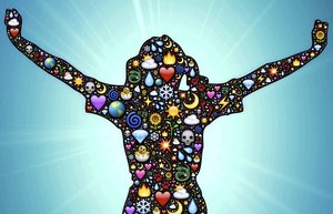 Schattenriss einer Frau mit hochgestreckten Armen. Die Figur ist mit verschiedenen Symbolen wie Sonne, Mond, Herzen, Tropfen und Diamanten gefüllt. Grafik: johnhain/pixabay 