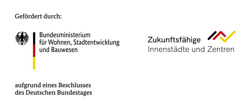 Förder-Logo des Bundesprogramms Zukunftsfähige Innenstädte und Zentren. Gefördert durch das Bundesministerium für Wohnen, Stadtentwicklung und Bauwesen (BMWSB) aufgrund eines Beschlusses des Deutschen Bundestages. Quelle BMWSB