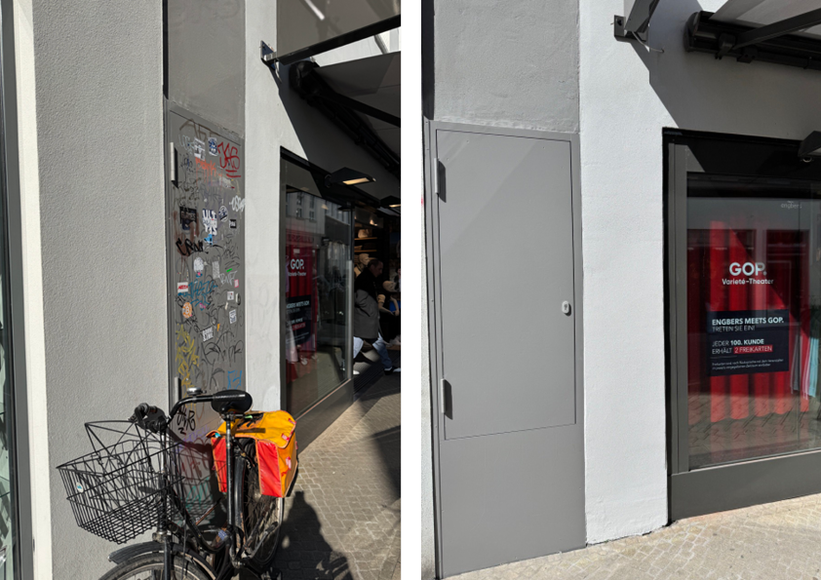 Aktion „einWANDfrei saubere City“ – Vorher/Nachher Achternstraße 60. Fotos: Projekt „einWANDfrei“/Stadt Oldenburg