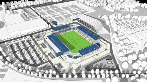 So könnte das neue Stadion an der Maastrichter Straße aussehen. Das vom Planungsbüro AS + P erstellte Modell zeigt ein Basisstadion mit einer Kapazität von 7.500 Plätzen. Entwurf: AS + P Entwurf: AS + P