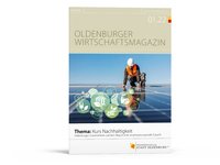 Titelseite Oldenburger Wirtschaftsmagazin 1.22. Die Abbildung zeigt einen Facharbeiter bei der Montage von Solarzellen. Außerdem wurden verschiedene Nachhaltigkeitsicons eingefügt. Foto: dusanpetkovic1 und/ j-mel/Stock.Adobe.com