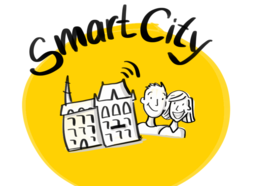 Grafik mit der Überschrift „Smart City“, dem Rathaus und zwei Menschen. Grafik: Stadt Oldenburg