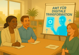 Mitarbeitende informieren sich über das Amt für digitale Transformation. Grafik: KI-generiert durch Stadt Oldenburg