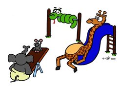 Zeichnung von einem tierischen Spielplatz mit einer Giraffe, einem Elefanten, einer Maus und einer Schlange. Bild: Til Kasmann