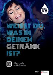 Plakat mit Aufschrift „Weißt Du was in Deinem Getränk ist?". Grafik: Sichtbar. Fachzentrum gegen sexualisierte Gewalt e.V.