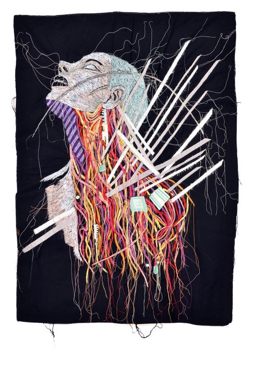 Andrea Ziegler, Transhumanism, 2025, Freihand-Maschinenstickerei und Appliqué, Vorderseite. Foto: VG Bild-Kunst Bonn, 2026