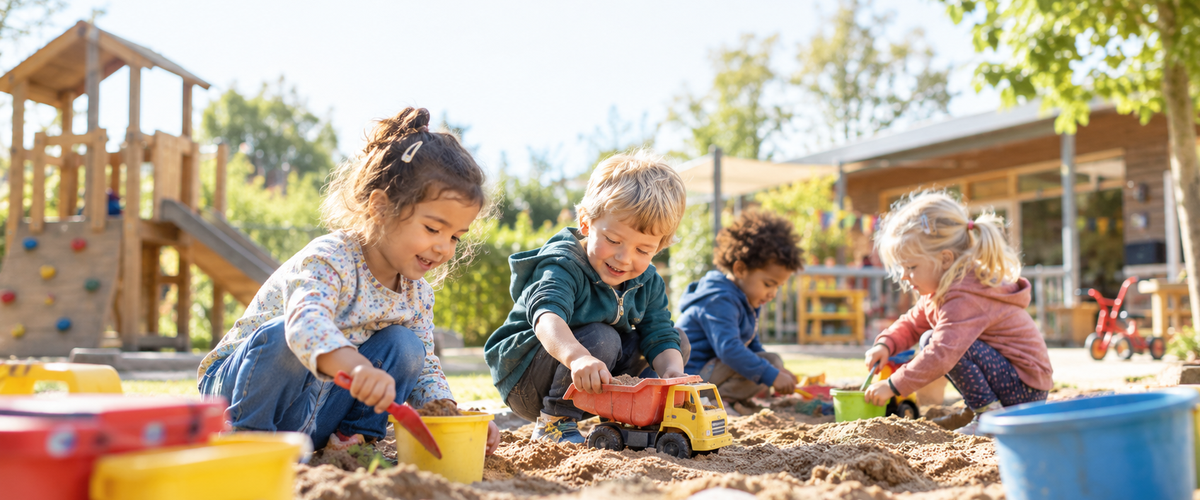 Spielende Kinder im Sandkasten. Foto: KI-generiert durch die Stadt Oldenburg