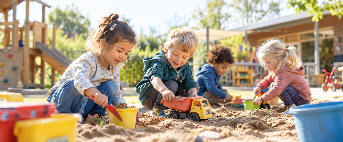 Spielende Kinder im Sandkasten. Foto: KI-generiert durch die Stadt Oldenburg