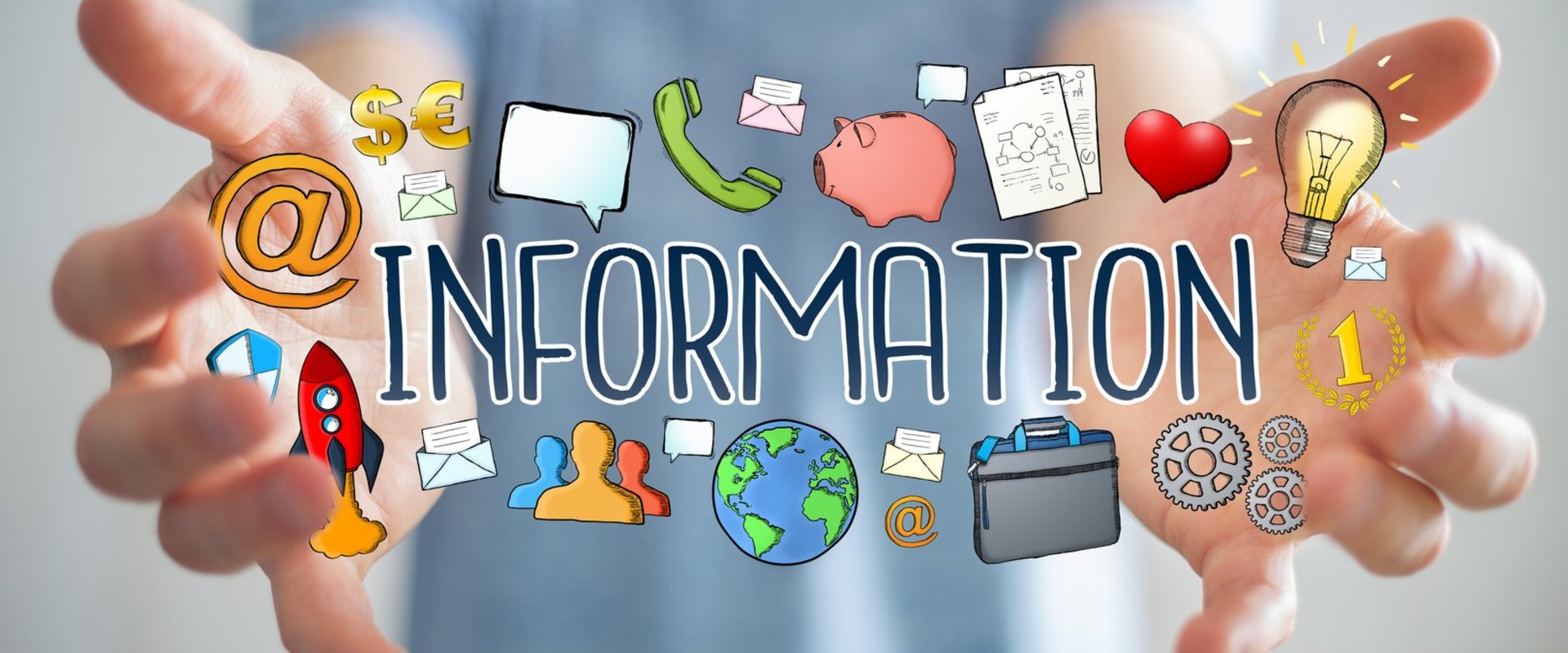 Zwei Hände halten das Wort Information und viele Symbole. Information Foto: sdecoret/AdobeStock