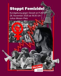 Plakat zur Kundgebung „Stoppt Femizide!“. Grafik: Die Linke Oldenburg Plakat zur Kundgebung „Stoppt Femizide!“. Grafik: Die Linke Oldenburg