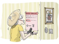 Ältere Frau vor ihrem Zettel mit Notfall-Adressen, auf dem es auch einen Kontakt  im Fall von Hitze gibt. Illustration: Hannes Mercker