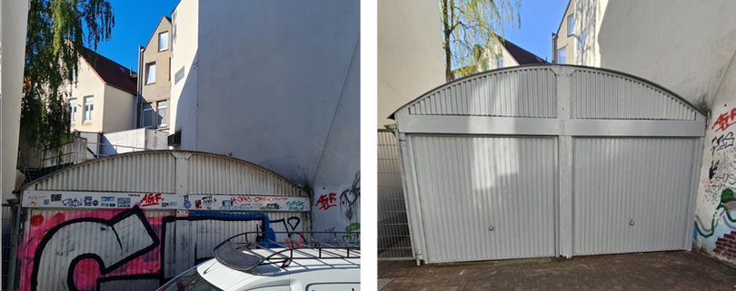 Die Aktion „einWANDfrei saubere City“ war ein voller Erfolg. Hier ein Vorher-Nachher-Bild an der Baumgartenstraße 16. Foto: Projekt „einWANDfrei“/Stadt Oldenburg