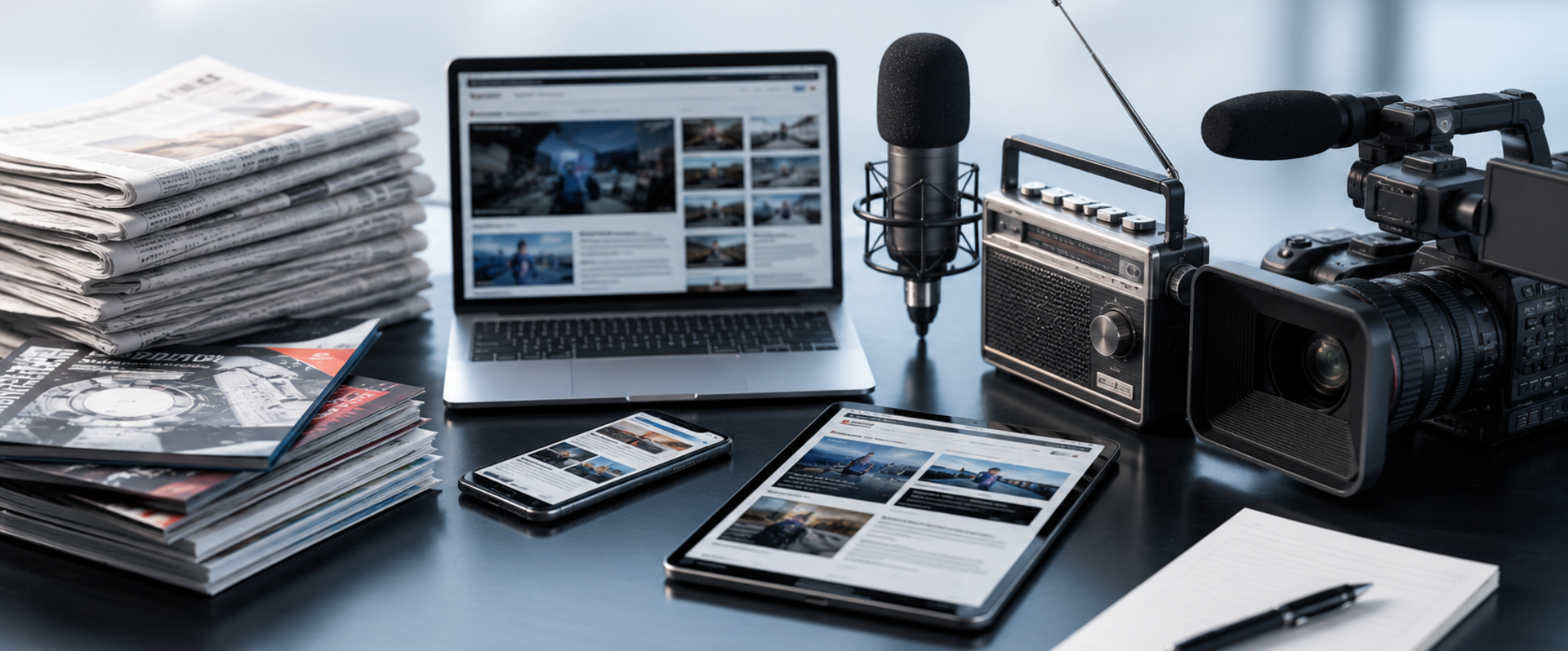 Kamera, Laptop, Tablet, Smartphone und Printmedien symbolisieren die vielfältige Medienlandschaft und journalistische Berichterstattung. Bild: KI-generiert durch die Stadt Oldenburg