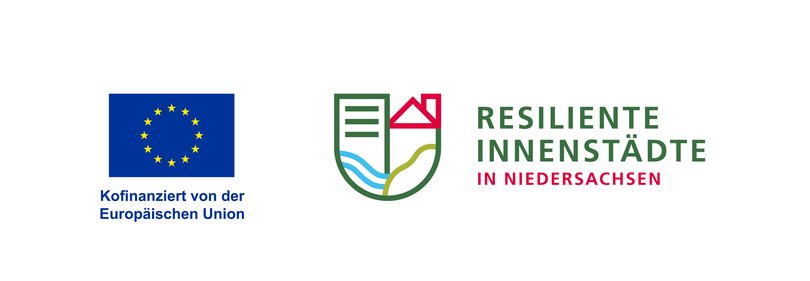 Logo des Förderprogramms Resiliente Innenstädte in Niedersachsen, operationelles Multifondsprogramm EFRE/ESF+, kofinanziert durch die EU. Quelle: EU