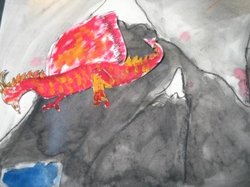 Gemaltes Bild von einem roten Drachen auf einem grauen Hügel. Quelle: Oldenburger Kunstschule e.V. 