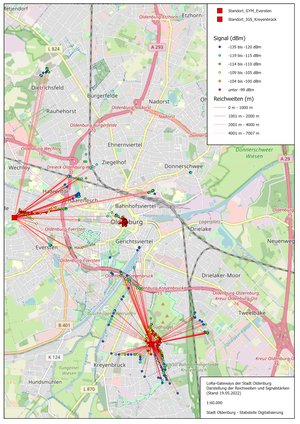 Standorte und Reichweite der Gateways. Die Standorte sind die IGS Kreynbrück und das Gymnasium in Eversten. Die Reichweite beträgt bis zu 4 Klimometer. Grafik: Stadt Oldenburg
