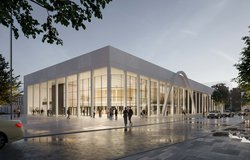 Auch in moderner Optik bleibt beim Neubau der Kongresshalle der charakteristische Rundbogen als Erkennungsmerkmal erhalten. Visualisierung: moka-studio/gmp Architekten