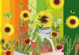 Logo der Stadtgärten 2022; Sonnenblumen, Gemüse und Arbeitsgerät vor sommerlichen Farben. Grafik: OTM