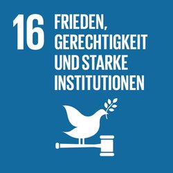 Icon zu Ziel 16: Taube mit Zweig im Schnabel, sitzend auf einem Richterhammer. Quelle: Engagement Global