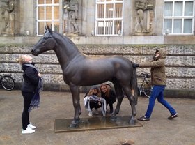 Die Schülerinnen und Schüler posieren mit der Pferdestatue in der Oldenburger Innenstadt. Foto: Anja Czibulinski