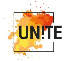 Logo UN!TE: Der Text UN!TE (Unite) steht auf einem Hintergrund aus rot-orange-gelben Flecken in einem schwarzen Rahmen. Grafik: Frau Lönne