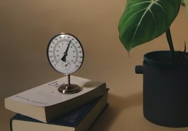 Raumthermometer auf zwei Büchern und Pflanze. Foto: Gryffyn m Oss/unsplash