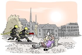 Zwei Feuerwehrmänner eilen mit dem Schlauch einem älteren Ehepaar auf dem Schlossplatz zur Hilfe. Illustration: Hannes Mercker 