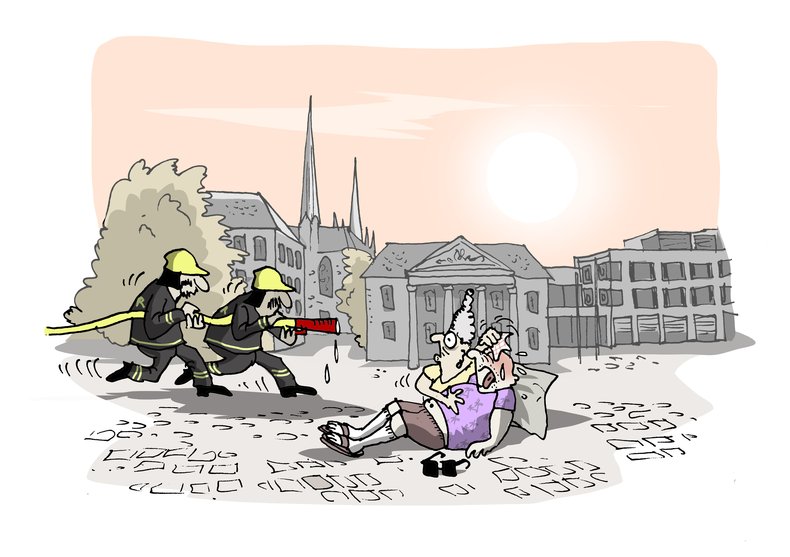 Zwei Feuerwehrmänner eilen mit dem Schlauch einem älteren Ehepaar auf dem Schlossplatz zur Hilfe. Illustration: Hannes Mercker 