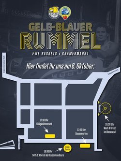 Gelb-Blauer Rummel am 6. Oktober 2026 auf dem Kramermarkt. Copyright: EWE Baskets Gelb-Blauer Rummel am 6. Oktober 2026 auf dem Kramermarkt. Copyright: EWE Baskets