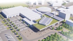 So fügen sich die Neubauten der Kongresshalle und der Festsäle in das Gesamtbild der Weser-Ems-Hallen ein. Visualisierung: gmp Architekten