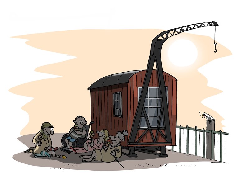 Unterschiedlichste Menschen sitzen im Schatten eines Kranwagens. Illustration: Hannes Mercker