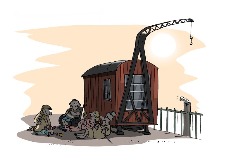 Unterschiedlichste Menschen sitzen im Schatten eines Kranwagens. Illustration: Hannes Mercker