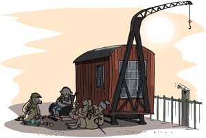 Unterschiedlichste Menschen sitzen im Schatten eines Kranwagens. Illustration: Hannes Mercker