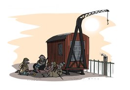 Unterschiedlichste Menschen sitzen im Schatten eines Kranwagens. Illustration: Hannes Mercker