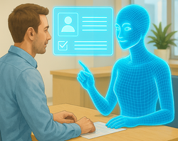 Digitale Hilfsmittel helfen einem Bürger bei der Beratung. Grafik: KI-generiert durch Stadt Oldenburg Digitale Hilfsmittel helfen einem Bürger bei der Beratung. Grafik: KI-generiert durch Stadt Oldenburg