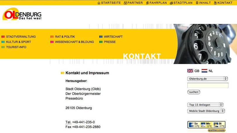 Screenshot der Website www.oldenburg.de aus dem Jahr 2005. Quelle: Stadt Oldenburg