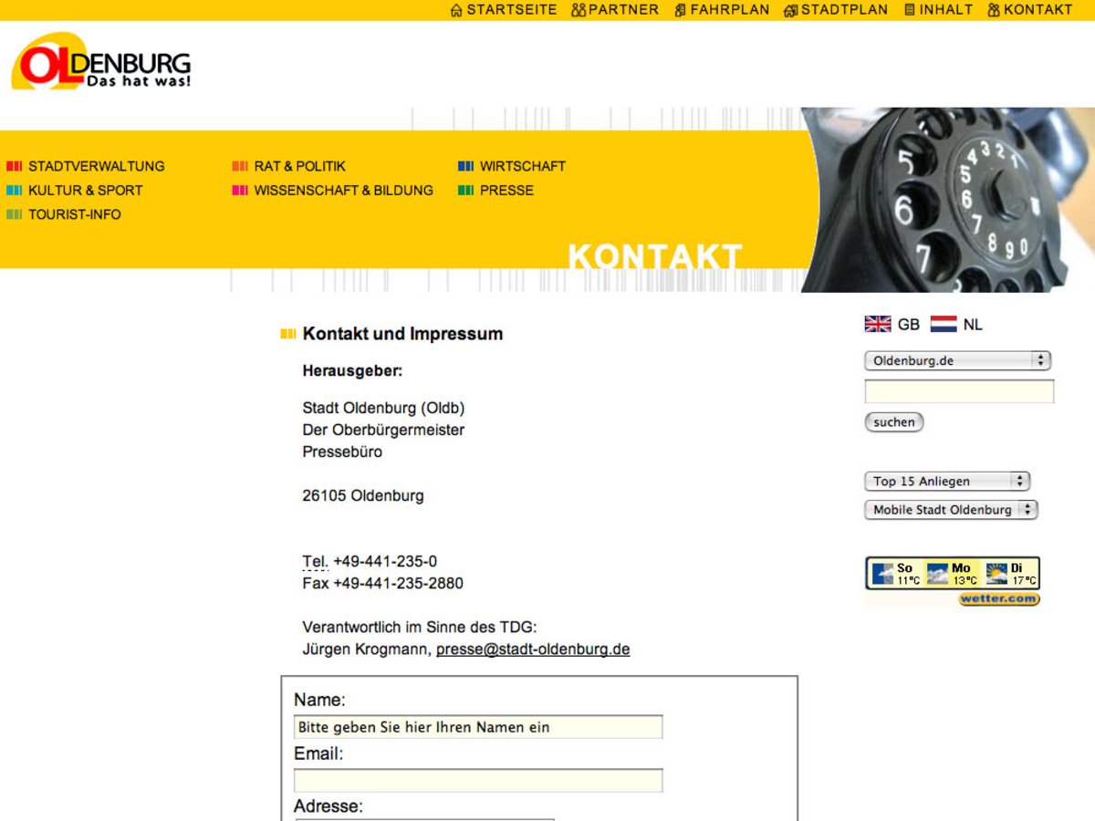 Screenshot der Website www.oldenburg.de aus dem Jahr 2005. Quelle: Stadt Oldenburg