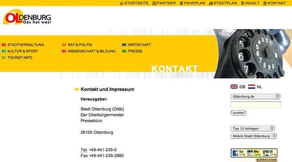 Screenshot der Website www.oldenburg.de aus dem Jahr 2005. Quelle: Stadt Oldenburg Screenshot der Website www.oldenburg.de aus dem Jahr 2005. Quelle: Stadt Oldenburg