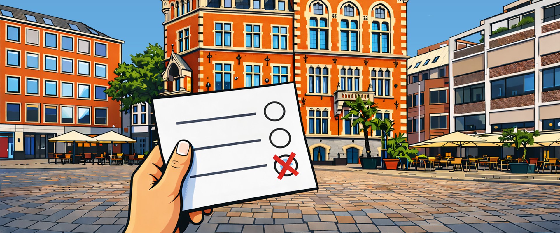 Eine Hand hält einen Wahlzettel mit Kreuz vor dem Rathaus. Bild: KI-generiert durch die Stadt Oldenburg