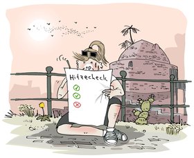 Vor dem Pulverturm sitzende Frau macht einen Hitzecheck. Illustration: Hannes Mercker