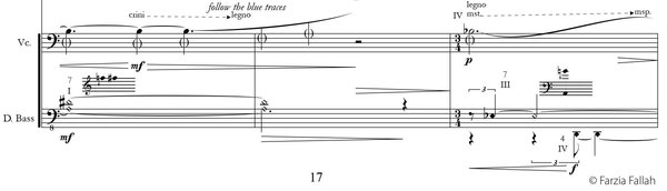 Auszug aus der Partitur "The Blue Traces", Seite 17. © Farzia Fallah Auszug aus der Partitur "The Blue Traces", Seite 17. © Farzia Fallah