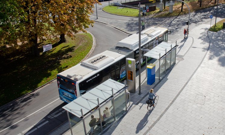 Busse an der Haltestelle „Schloßplatz“. Foto: Peter Duddek
