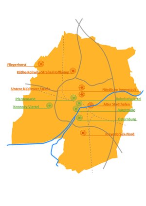 Grafik über die derzeit fünf laufenden Stadterneuerungsgebiete. Grafik: Stadt Oldenburg