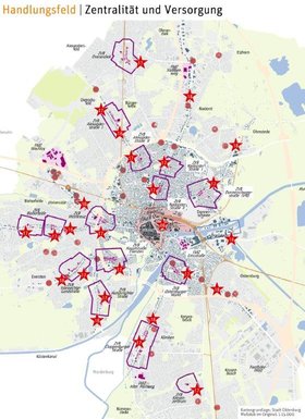 Standorte von geplanten Stadtteilzentren in Oldenburg. Grafik: Stadt Oldenburg